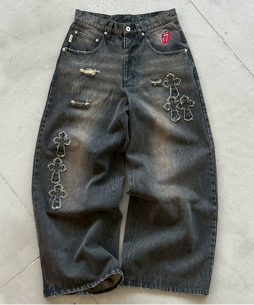 セール】CROSS DAMAGE DENIM PANTS クロスダメージデニムパンツ