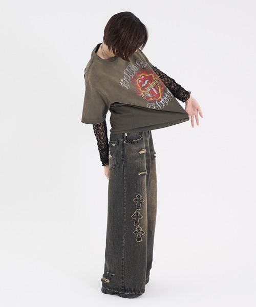 Perushu(ペルーシュ)の「CROSS DAMAGE DENIM PANTS クロスダメージデニムパンツ(デニムパンツ・メンズ・ブラック/インディゴブルー・LARGE/SMALL/MEDIUM)」の12枚目の写真