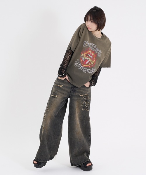 Perushu(ペルーシュ)の「CROSS DAMAGE DENIM PANTS クロスダメージデニムパンツ(デニムパンツ・メンズ・ブラック/インディゴブルー・LARGE/SMALL/MEDIUM)」の9枚目の写真
