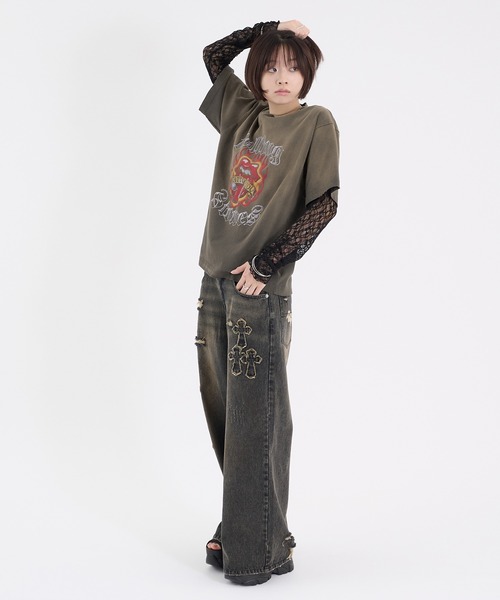 Perushu(ペルーシュ)の「CROSS DAMAGE DENIM PANTS クロスダメージデニムパンツ(デニムパンツ・メンズ・ブラック/インディゴブルー・LARGE/SMALL/MEDIUM)」の11枚目の写真