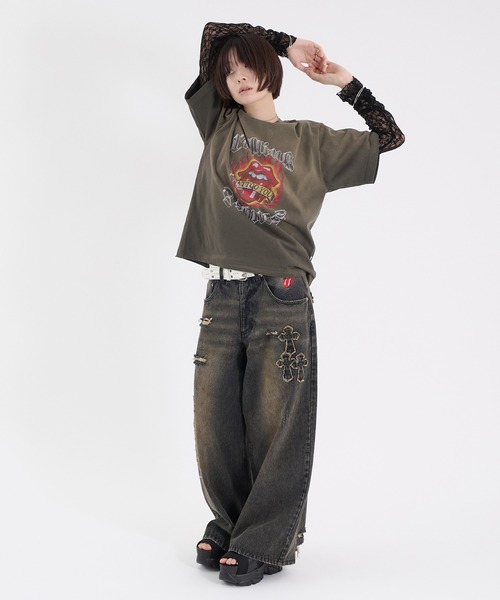 Perushu(ペルーシュ)の「CROSS DAMAGE DENIM PANTS クロスダメージデニムパンツ(デニムパンツ・メンズ・ブラック/インディゴブルー・LARGE/SMALL/MEDIUM)」の10枚目の写真