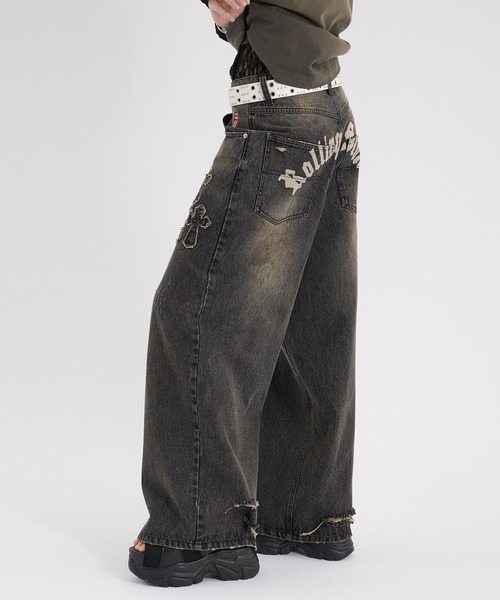 Perushu(ペルーシュ)の「CROSS DAMAGE DENIM PANTS クロスダメージデニムパンツ(デニムパンツ・メンズ・ブラック/インディゴブルー・LARGE/SMALL/MEDIUM)」の5枚目の写真