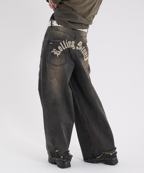 Perushu(ペルーシュ)の「CROSS DAMAGE DENIM PANTS クロスダメージデニムパンツ(デニムパンツ・メンズ・ブラック/インディゴブルー・LARGE/SMALL/MEDIUM)」の6枚目の写真