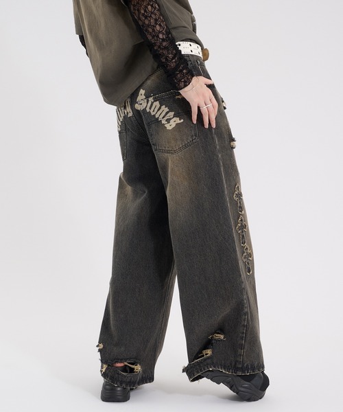セール】CROSS DAMAGE DENIM PANTS クロスダメージデニムパンツ