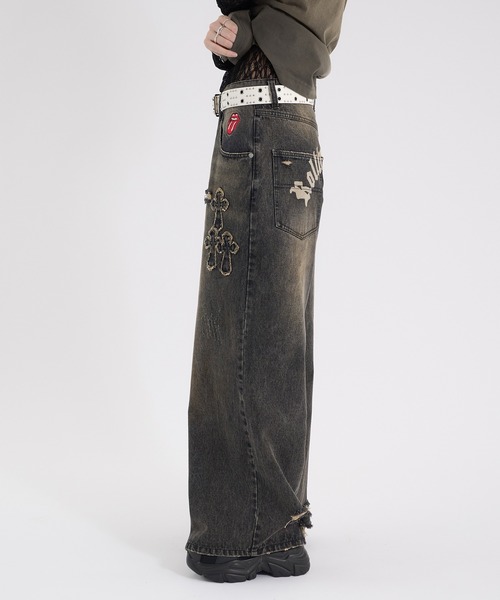 サイドカット デニムパンツ 着やせ フロントクロス ワイド 人気