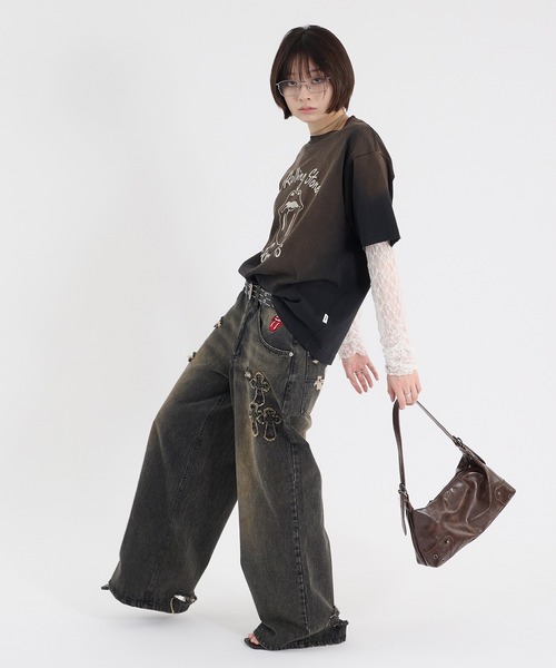 Perushu(ペルーシュ)の「CROSS DAMAGE DENIM PANTS クロスダメージデニムパンツ(デニムパンツ・メンズ・ブラック/インディゴブルー・LARGE/SMALL/MEDIUM)」の19枚目の写真
