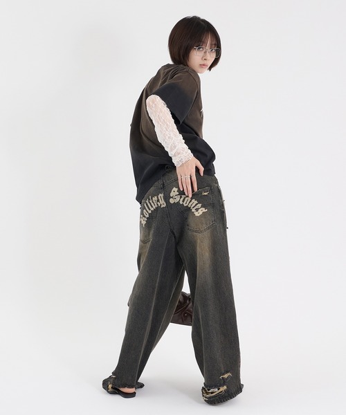 Perushu(ペルーシュ)の「CROSS DAMAGE DENIM PANTS クロスダメージデニムパンツ(デニムパンツ・メンズ・ブラック/インディゴブルー・LARGE/SMALL/MEDIUM)」の20枚目の写真
