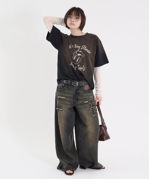 Perushu(ペルーシュ)の「CROSS DAMAGE DENIM PANTS クロスダメージデニムパンツ(デニムパンツ・メンズ・ブラック/インディゴブルー・LARGE/SMALL/MEDIUM)」の17枚目の写真