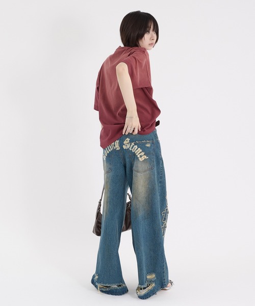 パンツ fuga cross design damaged denim size46 セール】CROSS DAMAGE DENIM PANTS クロスダメージデニムパンツ