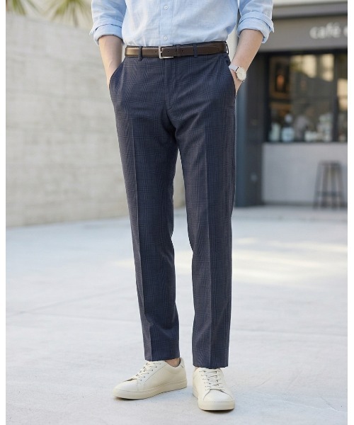 Perfect Suit FActory（パーフェクトスーツファクトリー）の「【洗える】ノータックスラックス　グレンチェック柄　グレー/ネイビー（スラックス・メンズ・ネイビー/チャコールグレー・94/76/88/73/79/82/91/85）」の2枚目の写真