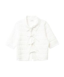 シャツカラーギャザーリボンカットソー