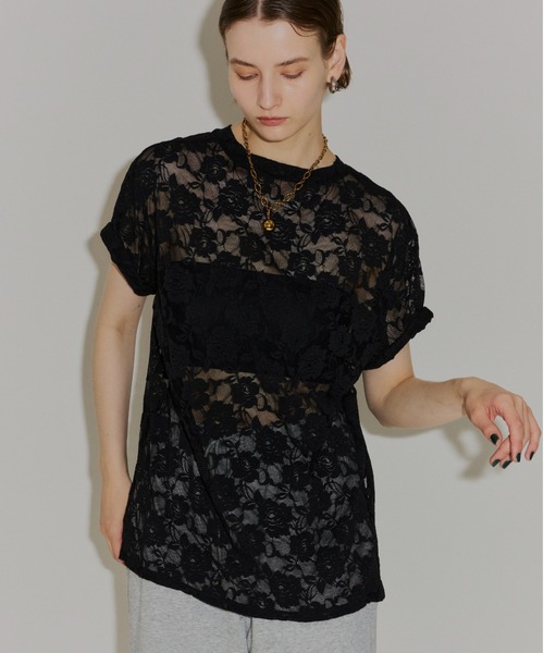 yae(ヤエ)の「Lace T-shirts / レースTシャツ(Tシャツ/カットソー・レディース・ライトブルー/レッド/ブラック/ピンク・FREE)」の1枚目の写真