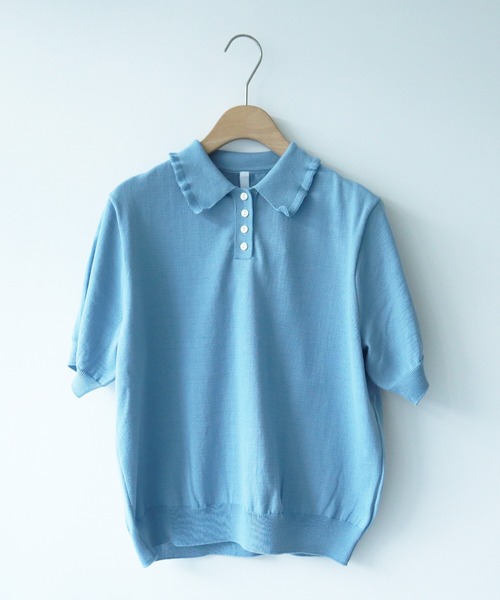 AMBIDEX（アンビデックス）の「フリル襟 コンパクトポロニット（ポロシャツ・レディース・ダークブラウン/キナリ/サックスブルー/ピンク・FREE）」の3枚目の写真