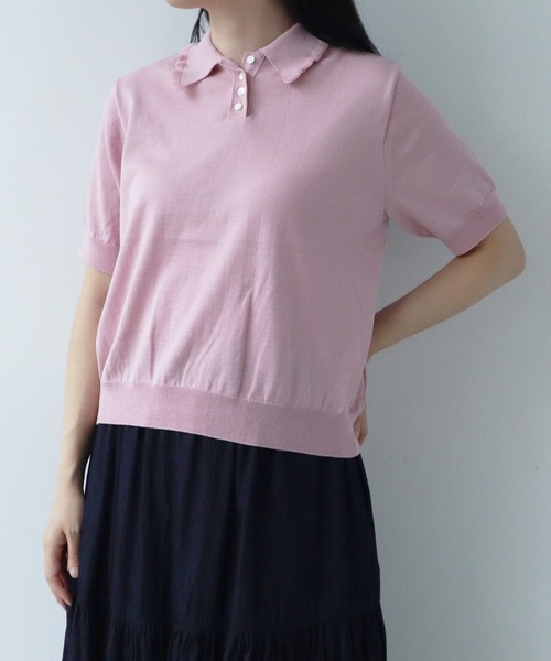 AMBIDEX（アンビデックス）の「フリル襟 コンパクトポロニット（ポロシャツ・レディース・ダークブラウン/キナリ/サックスブルー/ピンク・FREE）」の4枚目の写真