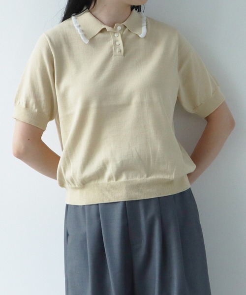 AMBIDEX（アンビデックス）の「フリル襟 コンパクトポロニット（ポロシャツ・レディース・ダークブラウン/キナリ/サックスブルー/ピンク・FREE）」の6枚目の写真