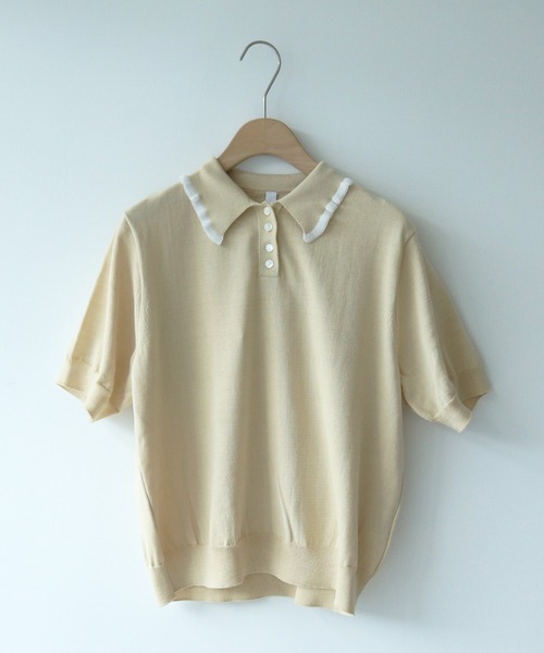 AMBIDEX（アンビデックス）の「フリル襟 コンパクトポロニット（ポロシャツ・レディース・ダークブラウン/キナリ/サックスブルー/ピンク・FREE）」の5枚目の写真