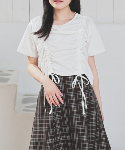 Honeys(ハニーズ)の「前ドロストトップス(Tシャツ/カットソー・レディース・ブラウン/ホワイト/ボルドー/スミクロ・L/M/S)」の1枚目の写真