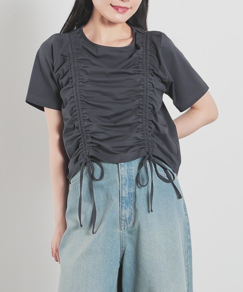 Honeys(ハニーズ)の「前ドロストトップス(Tシャツ/カットソー・レディース・ブラウン/ホワイト/ボルドー/スミクロ・L/M/S)」の2枚目の写真