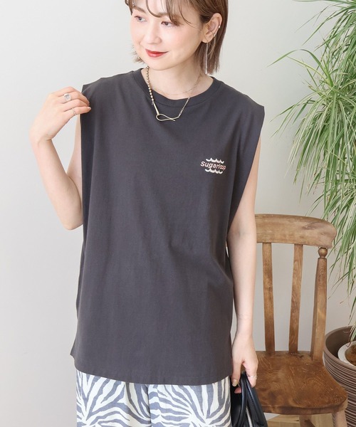 AMERICAN HOLIC(アメリカンホリック)の「ロゴ刺繍ノースリーブプルオーバー(Tシャツ/カットソー・レディース・グリーン/オレンジ/ブラック/チャコールグレー/オフホワイト・M/L)」の13枚目の写真
