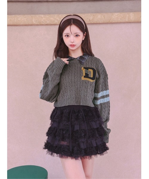 カレッジワッペンショートニットトップス（ニット/セーター