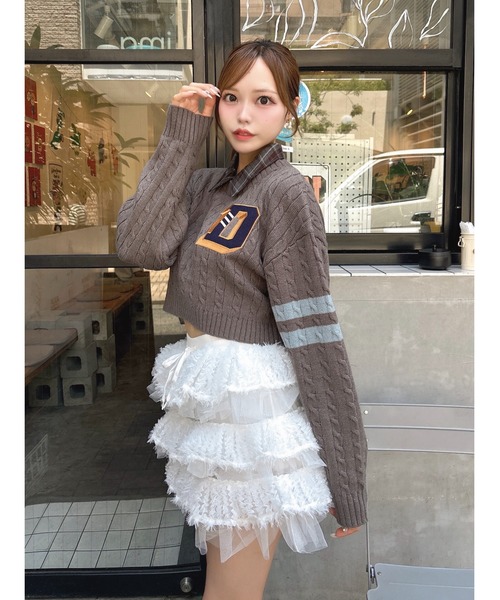 カレッジワッペンショートニットトップス（ニット/セーター