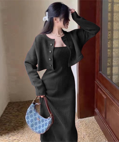 Mejoul（メジュール）の「【セットアップ】カーディガン付きニットキャミワンピース（ワンピース・レディース・ピンク/ブラック・F）」の2枚目の写真