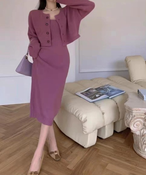 Mejoul（メジュール）の「【セットアップ】カーディガン付きニットキャミワンピース（ワンピース・レディース・ピンク/ブラック・F）」の8枚目の写真