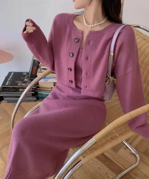 Mejoul（メジュール）の「【セットアップ】カーディガン付きニットキャミワンピース（ワンピース・レディース・ピンク/ブラック・F）」の7枚目の写真