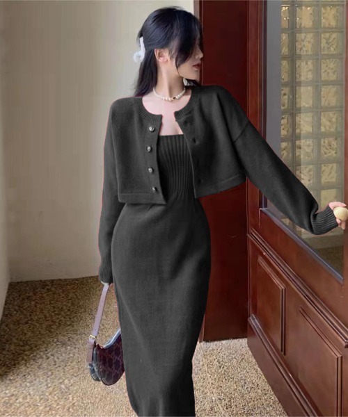 Mejoul（メジュール）の「【セットアップ】カーディガン付きニットキャミワンピース（ワンピース・レディース・ピンク/ブラック・F）」の3枚目の写真