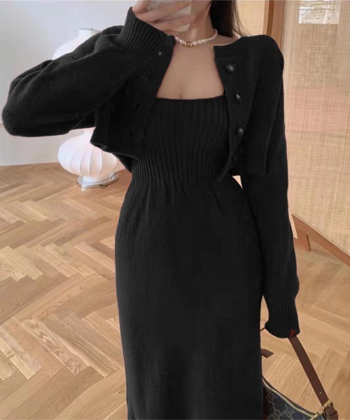 Mejoul（メジュール）の「【セットアップ】カーディガン付きニットキャミワンピース（ワンピース・レディース・ピンク/ブラック・F）」の4枚目の写真