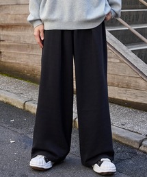 ドロストワイドストレート 裏起毛タックスウェットパンツブラック