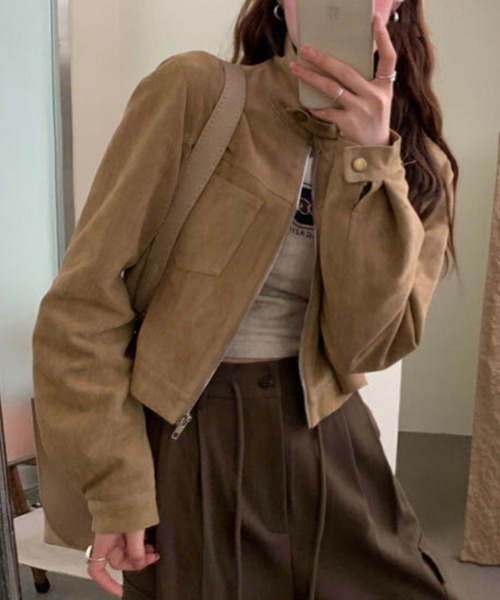 FREE STYLISTS(フリー スタイリスト)の「YUGA_YGMC Suede stand-neck jacket(ブルゾン・レディース・ブラック/キャメル/ブラウン/オフホワイト・FREE)」の2枚目の写真