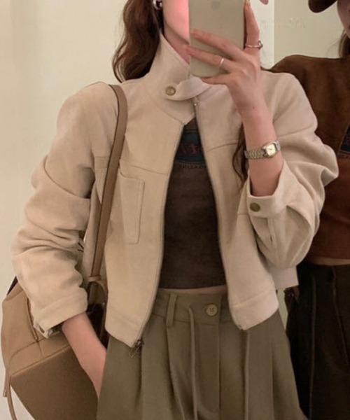 FREE STYLISTS(フリー スタイリスト)の「YUGA_YGMC Suede stand-neck jacket(ブルゾン・レディース・ブラック/キャメル/ブラウン/オフホワイト・FREE)」の8枚目の写真