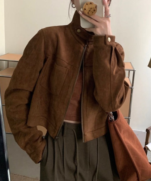 FREE STYLISTS(フリー スタイリスト)の「YUGA_YGMC Suede stand-neck jacket(ブルゾン・レディース・ブラック/キャメル/ブラウン/オフホワイト・FREE)」の15枚目の写真