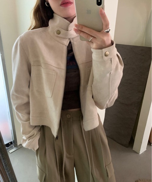 FREE STYLISTS(フリー スタイリスト)の「YUGA_YGMC Suede stand-neck jacket(ブルゾン・レディース・ブラック/キャメル/ブラウン/オフホワイト・FREE)」の7枚目の写真