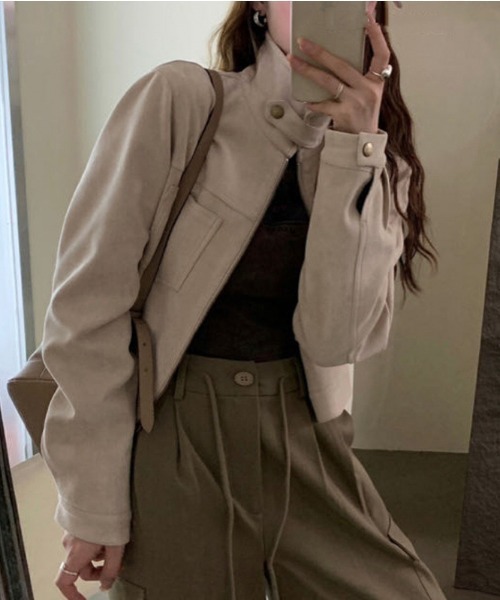 FREE STYLISTS(フリー スタイリスト)の「YUGA_YGMC Suede stand-neck jacket(ブルゾン・レディース・ブラック/キャメル/ブラウン/オフホワイト・FREE)」の10枚目の写真