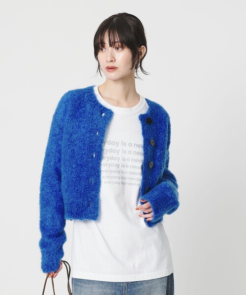 セール】ウールブレンド ブークレ クルーネックカーディガン