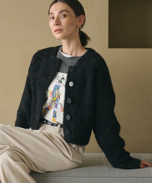 セール】ウールブレンド ブークレ クルーネックカーディガン