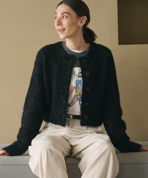 セール】ウールブレンド ブークレ クルーネックカーディガン