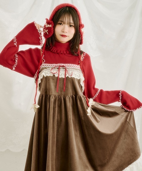 kutir(クティール)の「【クティールとレトロ】【着丈が選べる!】レースドッキングベロアキャミワンピース(ワンピース・レディース・アイボリー/ブラウン/ボルドー・SMALL/LARGE)」の2枚目の写真