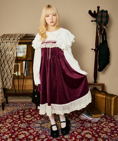クティールとレトロ】【着丈が選べる！】レースドッキングベロアキャミ