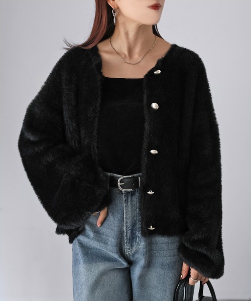 Riberry（リベリー）の「金ボタンシャギーニットカーディガン（カーディガン/ボレロ・レディース・チャコールグレー/オフホワイト/ブラック・FREE）」の7枚目の写真