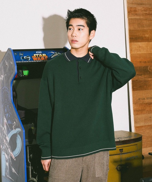 niko and...（ニコアンド）の「ラインニットポロ（ニット/セーター・メンズ・チャコール/ブラウン/グリーン/アイボリー・MEDIUM/LARGE）」の4枚目の写真