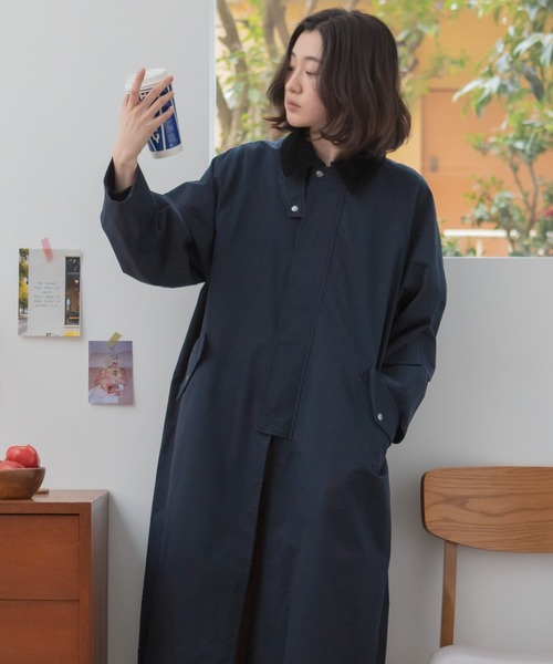 HEILIS(ヘイリス)の「【original】3WAYケープ付ロングコート / ステンカラー スタンドカラー ロング丈 春アウター 春コート フレアコート トレンチコート ミリタリー アウター ツイル コットン ネイビー ベージュ 配色 コーデュロイ オーバーサイズ 韓国 シティガール ノームコア カジュアル シンプル オフィスカジュアル ベーシック 羽織り 秋服 春服 冬服 アウター オフィスカジュアル 防寒(ステンカラーコート・レディース・ネイビー/ベージュ・FREE)」の8枚目の写真
