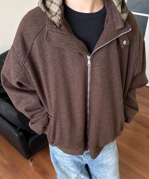 NOWLE（ノウル）の「【NOWLE】チェック柄フード付き スタンドカラー フェイクレイヤード ブルゾン（ブルゾン・メンズ・アッシュ/ブラウン・MEDIUM/LARGE/X-LARGE）」の15枚目の写真