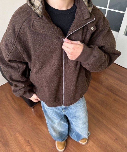 NOWLE（ノウル）の「【NOWLE】チェック柄フード付き スタンドカラー フェイクレイヤード ブルゾン（ブルゾン・メンズ・アッシュ/ブラウン・MEDIUM/LARGE/X-LARGE）」の17枚目の写真