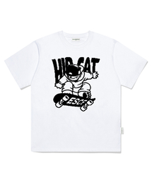 ブラックヒップキャットスケートボードプリントオーバーサイズ半袖Tシャツホワイト