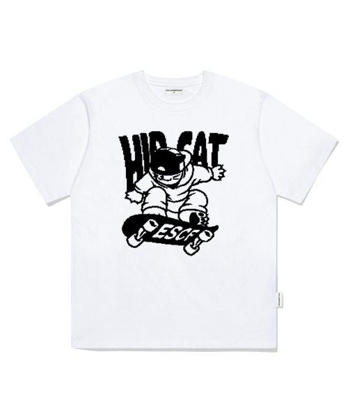 ESCAPEFROM(エスケープフロム)の「ブラックヒップキャットスケートボードプリントオーバーサイズ半袖Tシャツホワイト(Tシャツ/カットソー・レディース・その他・LARGE/SMALL/MEDIUM)」の1枚目の写真