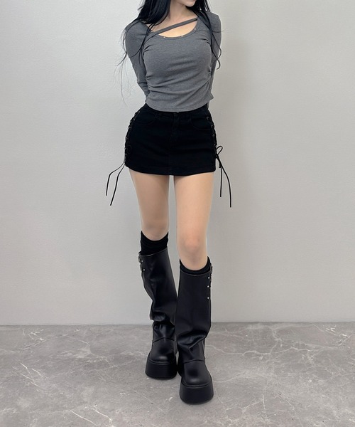 FOLLOWIN（フォロウィン）の「【 インパン裏地付き 】サイドレースアップデニムミニスカート（デニムスカート・レディース・ブルー/ブラック・MEDIUM/SMALL/LARGE）」の22枚目の写真