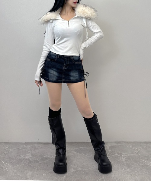 FOLLOWIN（フォロウィン）の「【 インパン裏地付き 】サイドレースアップデニムミニスカート（デニムスカート・レディース・ブルー/ブラック・MEDIUM/SMALL/LARGE）」の16枚目の写真